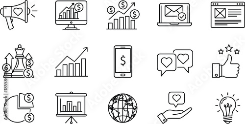 Hand drawn business icons, vector marketing symbols, megaphone, finance, strategy, chess, laptop, phone, feedback, rating, globe, chart, idea, money, growth.