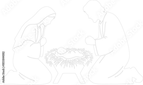 Nativity Scene Outline Vector Mary and Joseph Kneeling over Baby Jesus in Manger Minimalist Line Art
