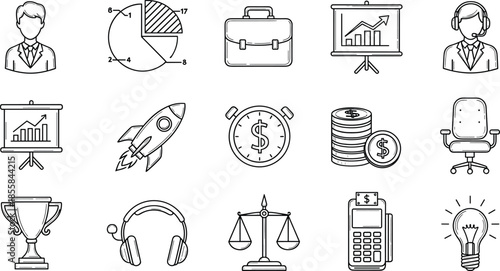 Hand drawn business icon set featuring businessman, chart, briefcase, rocket, money, trophy, headset, scales, payment terminal, and creative lightbulb idea.