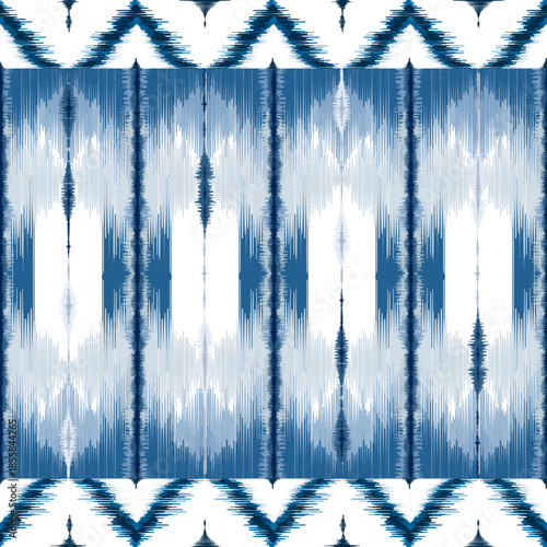 Ethnic ikat blue  rectangle dye yarns weaving seamless pattern. Vector hand drawn craftsmanship embroidery bohemian, abstract square geographic art fabric ikat textile material design for clothing 