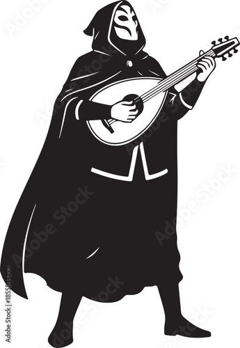 Silhouette of Masked Musician in Cloak Playing Lute or Mandolin