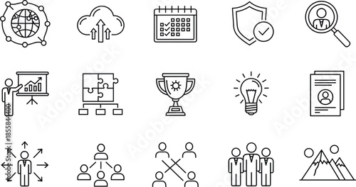 Business management and leadership line icons set, strategy, teamwork, success, recruitment, cloud, global network, and career vector illustration