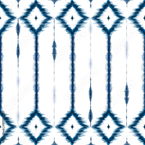 Ethnic ikat blue on white dye yarns weaving seamless pattern. Vector hand drawn craftsmanship embroidery bohemian, abstract square geographic art fabric ikat textile material design for clothing 