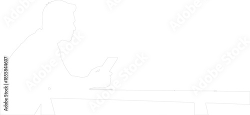 Minimalist outline vector of man using smartphone while sitting at desk or table