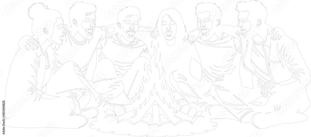 Obraz premium Friends around campfire laughing vector continuous line art outline drawing of six people camping group friendship bonding togetherness