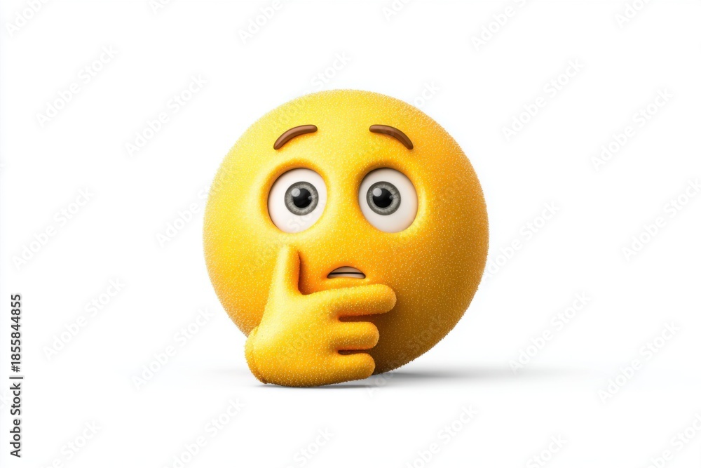 Fototapeta premium Thinking emoji with puzzled expression in bright yellow color showing curiosity and contemplation on white background