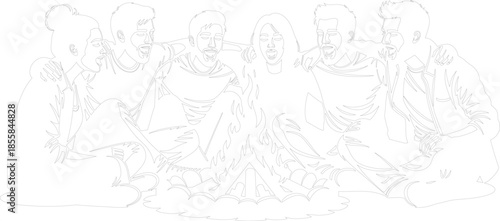 Friends around campfire laughing vector continuous line art outline drawing of six people camping group friendship bonding togetherness