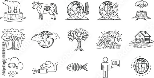 Climate change and global warming doodle icons set, pollution, deforestation, melting ice, natural disaster, and environmental crisis vector illustration