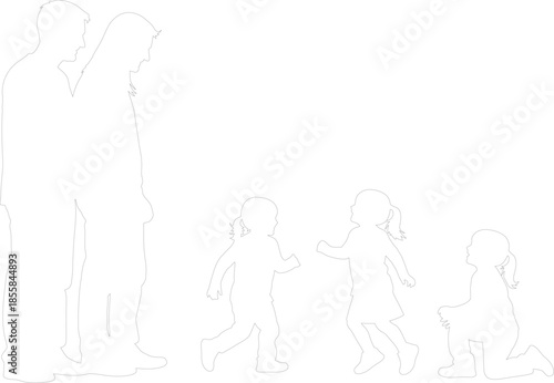Minimalist outline vector silhouettes of a standing man and woman observing three young children playing