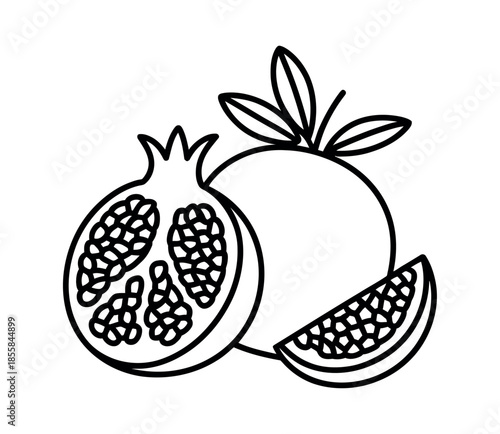 A whole pomegranate, a halved pomegranate, and a slice of pomegranate are depicted in a line drawing.