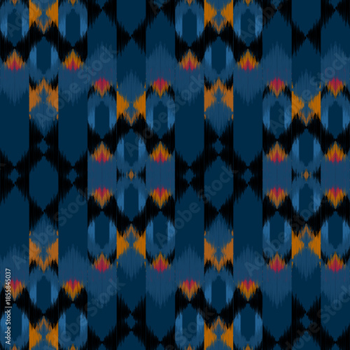 Ethnic ikat dark blue dye yarns weaving seamless pattern. Vector hand drawn craftsmanship embroidery bohemian, abstract square geographic art fabric ikat textile material design for clothing wallpaper