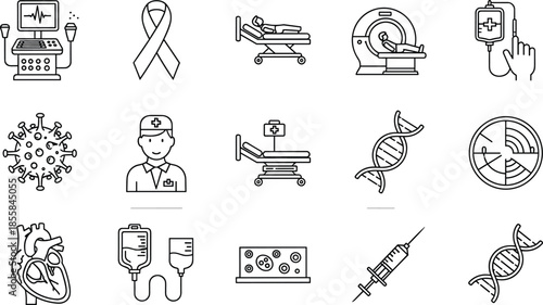 Oncology and cancer treatment line icons set, chemotherapy, mri scan, medical equipment, doctor, dna, virus, and hospital care vector illustration