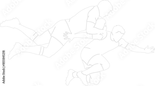 Dynamic vector outline illustration of two rugby players tackling minimalist sport action drawing