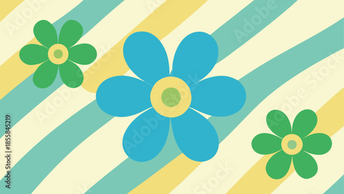 Floral Serenity: Three vibrantly colored flowers dance against a backdrop of soft pastel stripes, evoking a sense of calm and playful elegance.