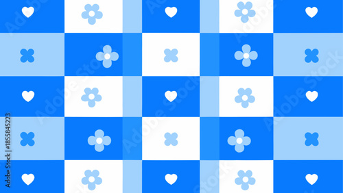 Blue floral grid pattern: An eye-catching pattern design featuring a grid of flowers and hearts on a vibrant blue backdrop, evoking a sense of tranquility.