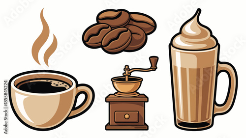 Collection of Coffee Items: Cup, Beans, Grinder, and Frothy Beverage