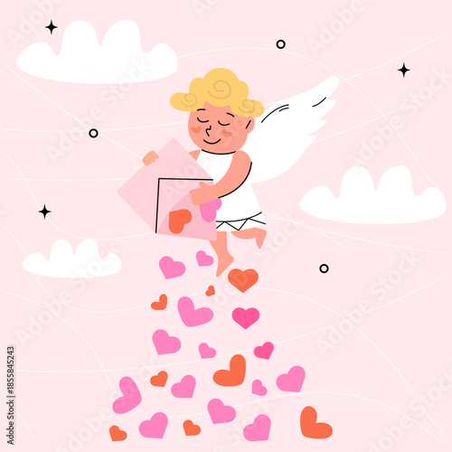 Valentine's Day illustration with cute cupid delivering valentine's messages. Vector illustration