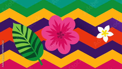 Tropical Floral Delight: A vibrant illustration showcasing the beauty of tropical flora, featuring a lush green leaf and two exquisite flowers set against a backdrop of colorful zigzag patterns.