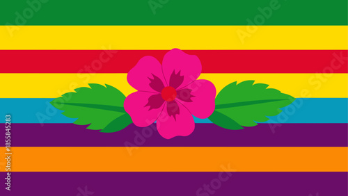 Floral Delight: A vibrant illustration showcasing a colorful horizontal striped design, punctuated by a blossoming flower and fresh leaves, creating a sense of natural beauty and cheer.