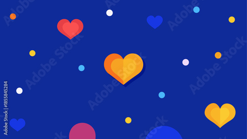 Hearts and Dots: A whimsical array of vibrant, multicolored hearts floats gracefully amidst scattered dots against a deep blue canvas, evoking a sense of joy and playfulness.
