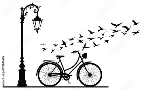  Bicycle, Street Lamp and Flying Birds Silhouette