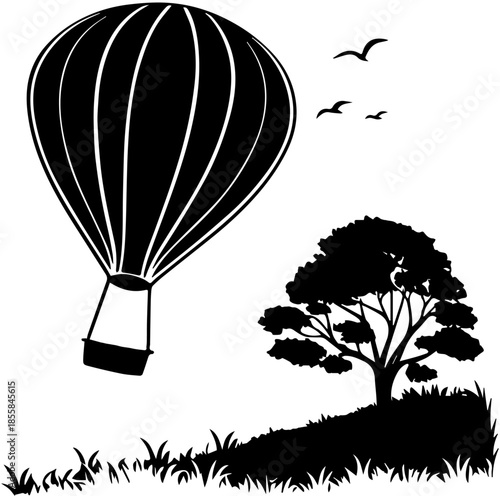 Hot Air Balloon Silhouette Flying Over Hillside with Tree and Birds