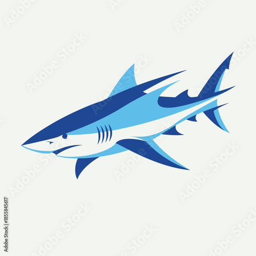 Illustration of a blue and white shark swimming, with sharp fins and a menacing look