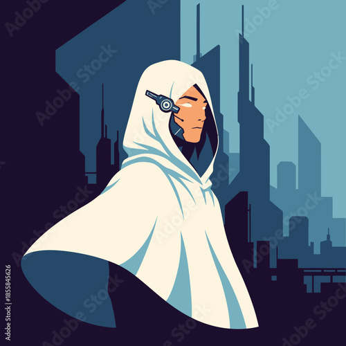 Futuristic character in a white hood against a cityscape, symbolizing science fiction and advanced technology