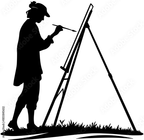 Silhouette of Artist Painting on Canvas at Easel in Nature Outdoors
