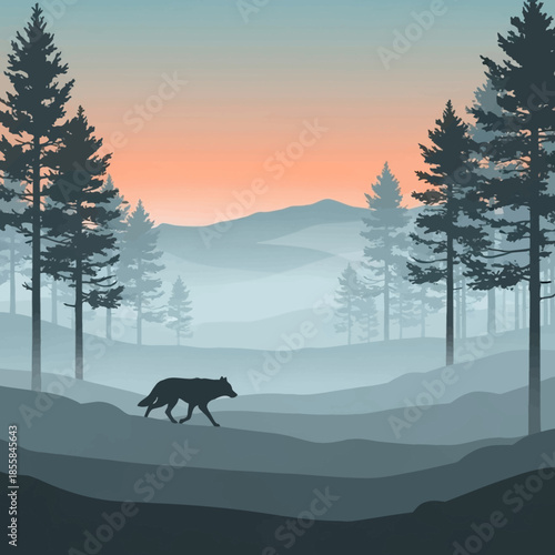 Serene Wolf Silhouette in Misty Forest Landscape at Sunrise