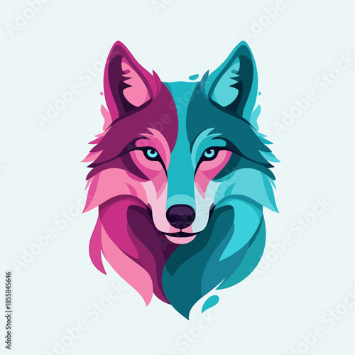 Stylized Wolf Head with Vibrant Pink and Teal Colors - A Captivating Wildlife Illustration