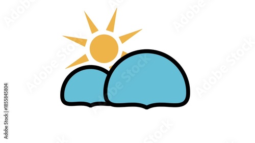 Animated sun and clouds weather icon. Ideal for meteorology forecast, sunny sky, climate reports, and outdoor activity planning footage.
