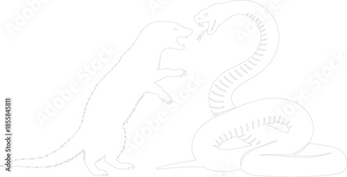 Mongoose versus Cobra Outline Vector Illustration Classic Wildlife Conflict and Predation Line Art
