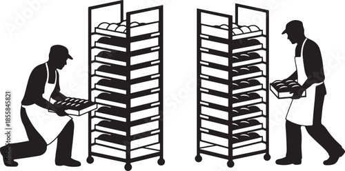 Black silhouette of bakers or workers stocking bread on bakery storage racks