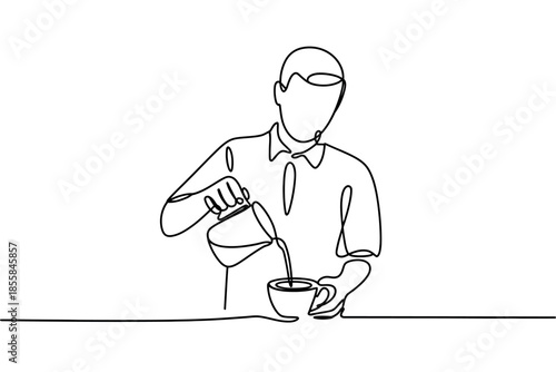 A barista prepares coffee in a single line drawing on a white background.