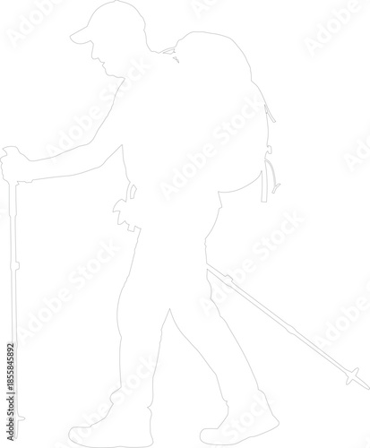 Outline vector illustration of a hiker with backpack and trekking poles walking along a trail