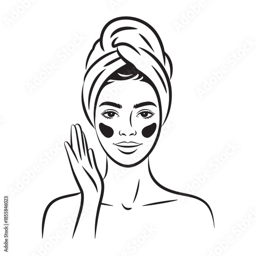 A woman with a towel wrapped around her head applying eye masks with her hand in a simple black line drawing on a white background conveying health and skincare.