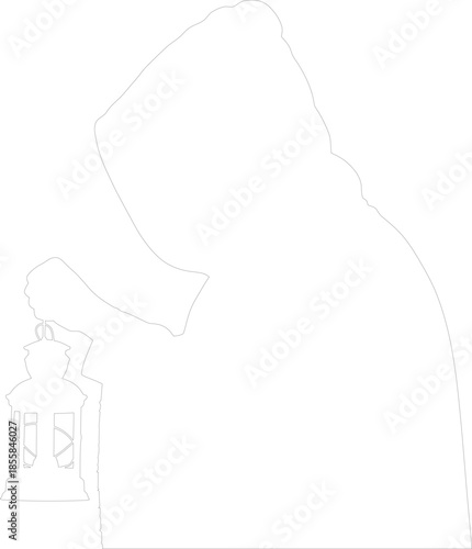 Mysterious Hooded Figure Holding Vintage Lantern Outline Monochrome Vector Illustration