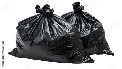 Two tied-up opaque black plastic garbage bags sit against a plain background