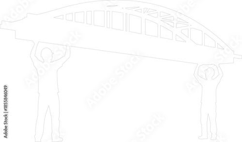 Construction workers lifting arched bridge truss structure outline vector graphic symbolizing engineering and teamwork