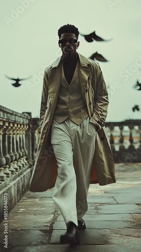 Model fashion young man in a coat walking around the river in the city 