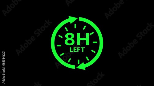 24 hours clock with circle arrow and the numbers 8 Hour left. video animation on alpha channel background, Clock timer, time passage waiting time. countdown, motion, second, wall, black, measurement, 