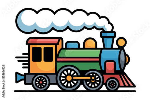 A colorful steam locomotive is depicted moving forward, emitting a plume of white smoke.
