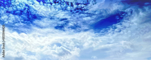 Realistic sky with fluffy white cloud formations - bright blue atmosphere, scattered cumulus in natural daylight scene for outdoor environment, weather backgrounds or landscape design elements.