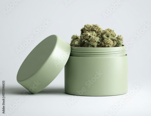 Light-sage green container with cannabis buds