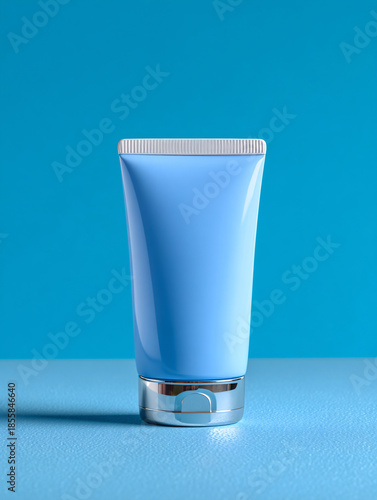Minimalist sunscreen tube on blue background. Concept of the natural cosmetic and health care. 