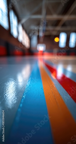 Indoor sports facility floor with colorful lines