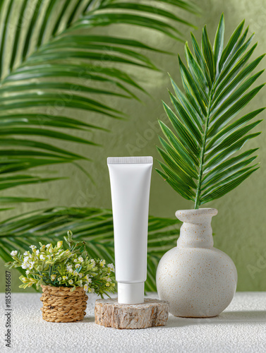 White plastic tubes a beige background, containers for cosmetic creams, Composition from the natural materials. 