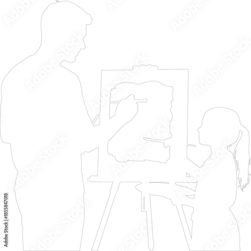 Outline drawing of a father and daughter painting on an easel vector illustration Family art education and creativity concept