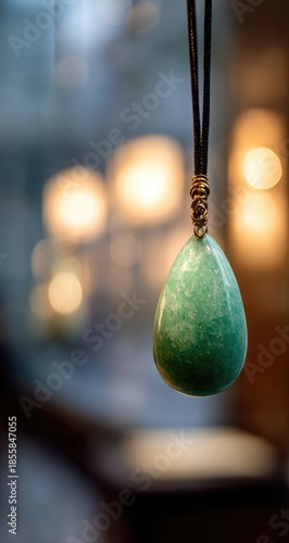 Teal, teardrop-shaped stone pendant, hanging on a dark cord, soft-focus background of warm light
